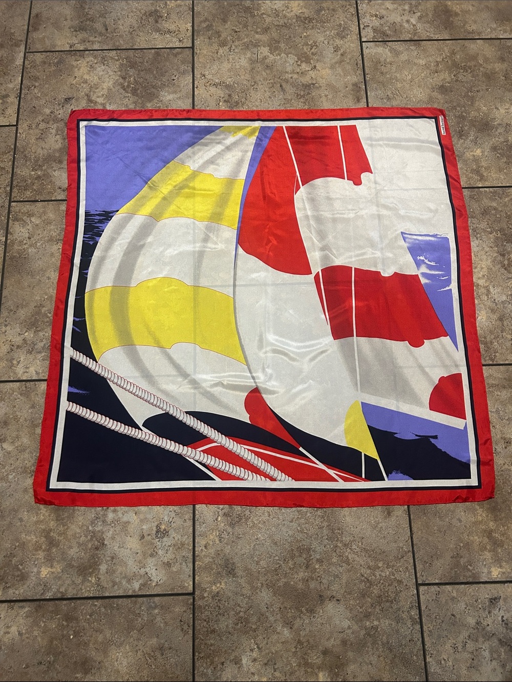 Harvé Benard Red, White, Yellow, Blue Silk Scarf with Nautical Motif